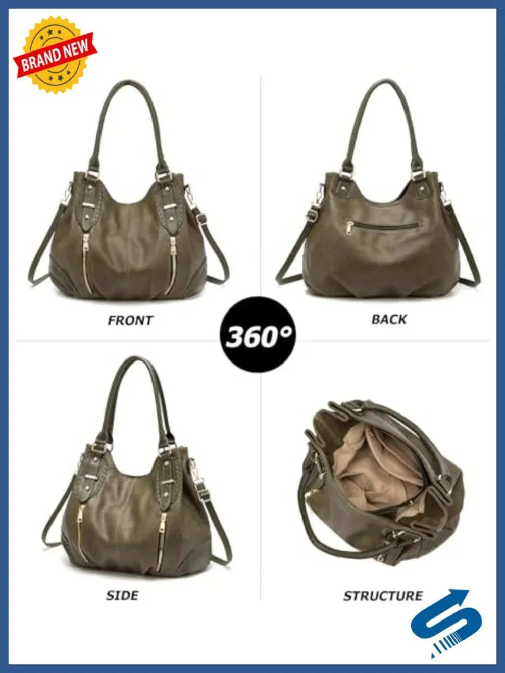 Vintage Large PU Hobo Tote Bag with 6 Pockets, Crossbody
